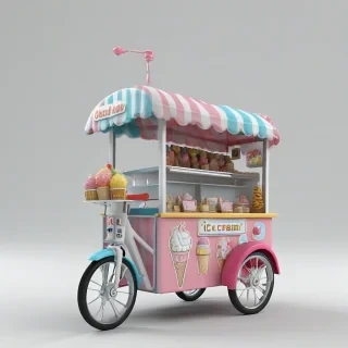 3d cartoon animation, cute ice cream cart wide angle shot, only thing in the image, on a plain white background, even lighting