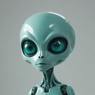 A teal, retro-futuristic, big headed alien, on a plain white background, with even lighting, on a plain white background, even lighting