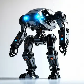 A giant walking bipedal mech with cannons, full-body view, wide shot, feet visible, on a plain white background, with a metallic finish, and a futuristic design, in a digital art style, with dynamic shadows and a backlight, with the cannons glowing with a bright blue light