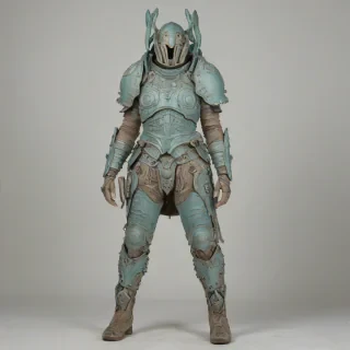 a full-body view of a piece of pastel teal armor, biopunk style, with intricate organic details, on a plain white background, wide shot, with visible textures and patterns, and a sense of futuristic and biological fusion, on a plain white background, with soft, muted, and earthy tones, and a subtle sheen, and organic, weathered, and worn look, and a mix of smooth and rough textures
