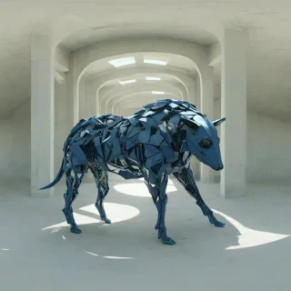 A full-body view of a quadruped, set against a plain white background, with an indigo color scheme, and brutalist architectural elements incorporated into its body, with a wide-angle shot and dynamic shadows, in a digital art style with a mix of geometric and organic shapes, on a plain white background, even lighting