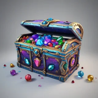 A stylized, chunky galaxy treasure chest with embedded jewels, designed as a fun video game asset, featuring a wide shot with the chest's intricate details and colorful jewels on a plain white background, with a dynamic lighting effect to accentuate its textures and vibrant colors, on a plain white background, even lighting