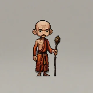chibi pixel art style, old Buddhist monk holding a staff, on a plain white background, even lighting