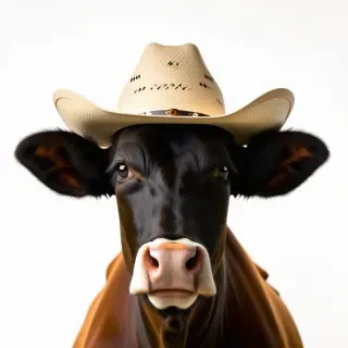 Cow wearing a cowboy hat