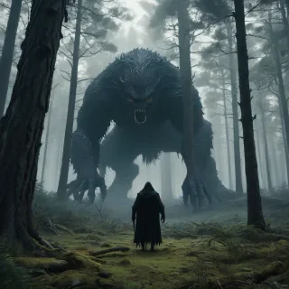 A cool fantasy pine forest based environment scene with a terrifying black monster lurking just beyond the field of focus behind the trees