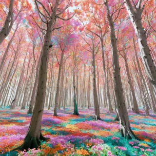 A vibrant, psychedelic forest, full-body view, with towering, glowing trees, and a carpet of neon-colored flowers, set against a plain white background, with dynamic shadows and a wide-angle shot, in the style of a digital illustration