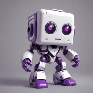 A cute, purple and white video game robot with a stumpy body, big eyes, and a cubic face, standing in a full-body view with its feet visible, on a plain white background, in a comic book art style with bold lines and bright colors, with a wide-angle shot and bright lighting, on a plain white background, even lighting, on a plain white background, on a plain white background, even lighting 