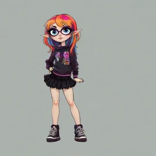 Hand drawn gothic cartoon style female character with different colored hair, and vivid colored clothing, large eyes, exaggerated body proportions, fun and mischievous look to character, full body visible, on a plain white background, even lighting