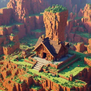 A voxel style cave house, full-body view, with a wide shot, featuring a small entrance, a cozy interior, and a landscape of blocky, pixelated mountains in the background, on a plain white background, with warm lighting and vibrant colors, in a voxel art style, on a plain white background, even lighting