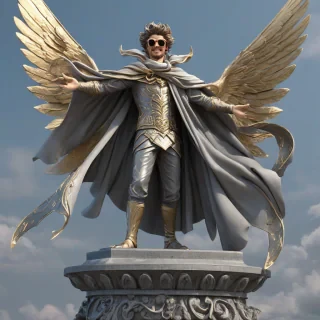 In fantasy style, create a 3d model of a statue standing above a tall pedestal of a male fantasy character wearing heart shaped sunglasses, with a billowing cape an elegant scarf, rings on his fingers, with his arms outstretched to his sides, palms up, smiling in delight. With large fairy wings on his back. Sitting on his right shoulder is a much smaller human male, wearing typical townsfolk clothing. Under his feet, are two humans down on all fours, a male warlock wearing a hooded cloak under his left foot, and a female sorcerer wearing a pointy witches had under his right foot., on a plain white background, even lighting