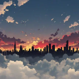 digital anime art style silhouette of a city with fluffy clouds, red and yellow