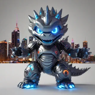 A chibi style mecha Godzilla, full-body view, with a bright and colorful cityscape in the background, mecha Godzilla has a big smile and glowing blue eyes, with a mix of metallic and neon lights on its body, in a wide shot, on a plain white background, with dynamic shadows and a soft, warm backlight, on a plain white background, even lighting 