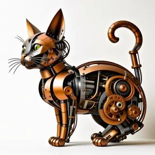 Steampunk mechanical cat made of copper gears, wires, and pipes