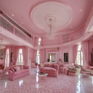the inside of a pink mansion