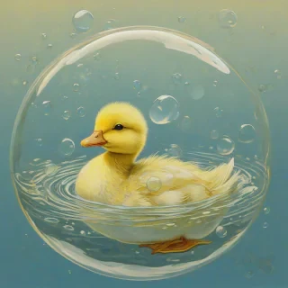 Sam Guay-inspired art of a duckling in a vibrant iridescent bubble filled 1/4 with water, with a bright yellow body, small yellow beak, and yellow feet floating on the water's surface, surrounded by a subtle gradient of pale blue and soft yellow hues.