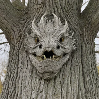 old tree with holes, transforming into dragon head, wide shot, plain white background