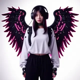 a cyberpunk angel. She is wearing black headphones with neon pink lights and she has robotic wings and she is wearing baggy clothes