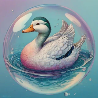 Sam Guay-inspired art of a duck in a vibrant iridescent bubble filled 1/4 with water, with a pink body, purple beak, and white feet floating on the water's surface, surrounded by a subtle gradient of blue and cyan hues toned down to a more pastel version.