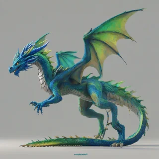 A full-body view of a colorful anime-style dragon, with vibrant blue and green scales, standing on a plain white background, in a wide shot, with dynamic shadows and a soft, warm backlight, in the style of digital illustration, with bold lines and intricate details, and text 'Mythical Creature' enclosed in double quotes, on a plain white background, even lighting, on a plain white background, even lighting 