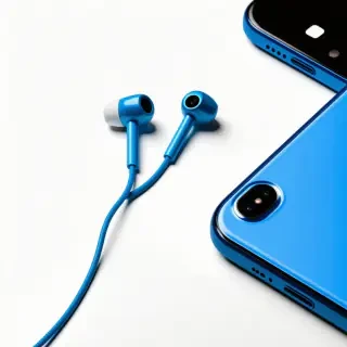 A pair of electric blue corded ear buds plugged into a cellphone with a blue phone case