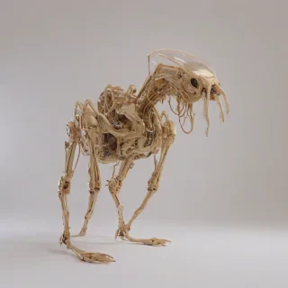 A full-body view of a biomechanical creature with a predominantly tan color scheme, set against a plain white background, with synthwave-inspired neon accents and metallic details, in a wide shot with its feet visible, under a soft, pastel-colored backlight with dynamic shadows, on a plain white background, even lighting