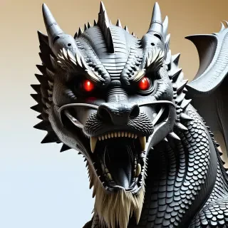 A statue of a dragon head with a menacing expression and a multitude of sharp, jagged spikes protruding from its forehead and along its neck, with glowing red eyes and a sharp, toothy mouth.