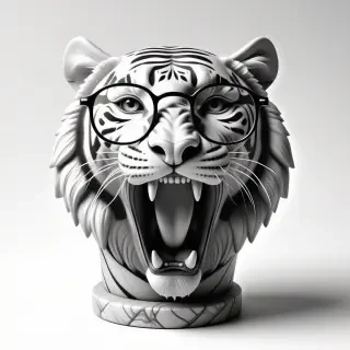 A marble statue of a tiger head roaring. The tiger head is wearing large nerdy glasses