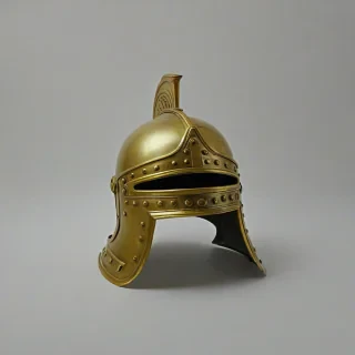 brass Corinthian helmet, on a plain white background, even lighting