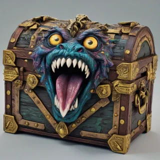 Treasure chest open, with sharp teeth around the opening and long tongue sticking out. Monster style eyes on the top of the chest. Painted in a D&D style, with saturated colors and dark lines, on a plain white background, even lighting