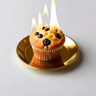 a single blueberry muffin sitting on a golden plate surrounded by fire