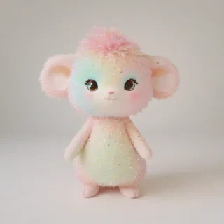 A cute fantasy creature, full-body view, with pastel colors, sparkles, and a soft, fluffy texture, standing on a plain white background, with a wide-angle shot and dynamic shadows, in a whimsical, dreamy illustration style