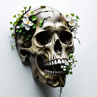 A skull covered with small patches of moss and ivy and flowers sprouting out of the mouth and eye sockets and cranium