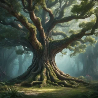 Photo realistic style of a large magical fairy tree