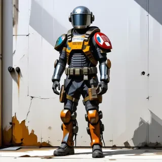 A full-body view of a soldier wearing post-apocalyptic armor made from scraps, with a cooking pot as a helmet, license plates as arm guards, and a stop sign as body armor, set against a plain white background, in a digital art style with a mix of realistic and stylized elements, with dynamic shadows and a sense of grit and wear on the scavenged armor