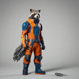 3d hand-drawn style of Rocket from Guardians of the Galaxy, bold lines, vivid colors, full body visible,, on a plain white background, even lighting