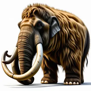 A wooly mammoth covered with dense brown fur and it has long curled tusks