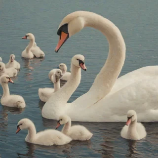 Pointillism of an adult swan with seven baby swans next to the adult swan