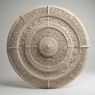 A highly detailed, full-body view, concept art of a large, ivory shield with intricate carvings and ornate designs, set against a plain white background, with a wide-angle shot and soft, diffused lighting to emphasize the texture and pattern of the shield
