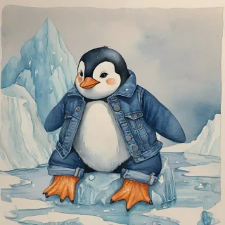 Impressionist watercolor cute cartoon old penguin in denim Canadian tuxedo, buttoned jacket, sitting on iceberg with small techno party