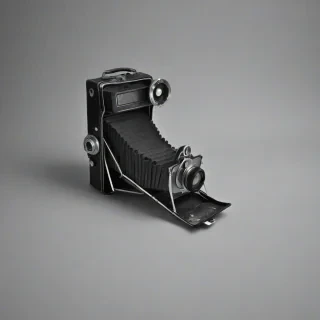 A grainy, high-contrast, black and white photograph of a solitary, old, analog camera, with a wide-angle lens, on a plain white background, in a full-body view, with the camera's viewfinder and lens prominently visible, in a style reminiscent of film noir, with intense, dramatic lighting and deep shadows