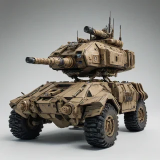 M.A.V. (modular assault vehicle) mech, on tread chassis, with sniper cannons mounted to the sides of a large, earth-toned bulbous metal cockpit, military shapes, on a plain white background, even lighting