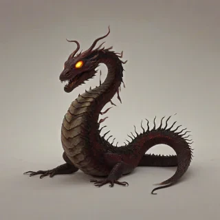 A terrifying, horror fantasy serpent monster, with scales dark burgundy and brown colors, eyes that glow like embers, and a body that seems to shift and writhe like a living shadow, set against a plain white background, in a wide shot with its full body visible, including its feet, ominous and mystical illustration style, with bold lines, and vibrant, eerie colors, with bright lighting, on a plain white background, even lighting