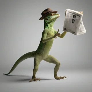 A green lizard, with scaly skin and a long tail, walking on its back legs in an upright position, holding a folded newspaper in its hand, wearing a classic fedora hat on its head, with a wide shot and full-body view, on a plain white background, in a realistic and detailed illustration style, with dynamic shadows and soft lighting, on a plain white background, even lighting 