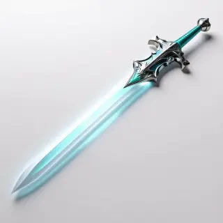 A highly detailed, hyperrealistic rendering of a futuristic laser sword with an aquamarine hilt, set against a plain white background, with precise lighting to accentuate the intricate design and textures of the weapon, in a wide shot with the entire sword visible, including the blade, hilt, and any additional details such as a guard or pommel, with a focus on capturing the subtle play of light on the aquamarine material