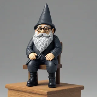 A monochromatic 3D-rendered figurine of a gnome-like figure, depicted in a seated position at a miniature desk. The subject, has a round face with a prominent beard, and is wearing thick-rimmed glasses, and a pointed hat. He wears a button-down shirt over a v-neck sweater, giving the impression of an older, serious professional. His expression appears to be one of intense concentration or concern. He is positioned behind a small desk, on which a laptop is placed. In the background a miniature computer monitor displaying code, adding to the theme of computing and technology. The figurine is set on a rounded base, suggesting a stylized environment. The lighting is soft and even, highlighting the details of the character and objects. The overall mood conveys a sense of seriousness and focus, the detailed rendering suggests a modern, digital art style., on a plain white background, even lighting