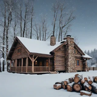 exterior of log cabin, mix of rock and wood logs, snow covered roof with stone chimney, only the cabin in the image, full cabin visible, wide angle shot, bright lighting, on a plain white background, even lighting