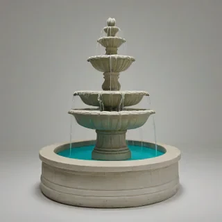 three tier, concrete water fountain, on a plain white background, even lighting