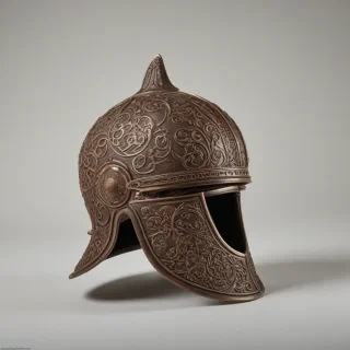 A highly detailed, hyperrealistic brown helmet, with intricate designs and textures, full-body view, on a plain white background, with soft, natural lighting, and a shallow depth of field to emphasize the helmet's details, on a plain white background, even lighting 