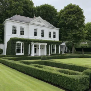 A detailed, realistic building named Ruby, wide shot, on a plain white background, with well-manicured topiaries and hedges outside, even lighting