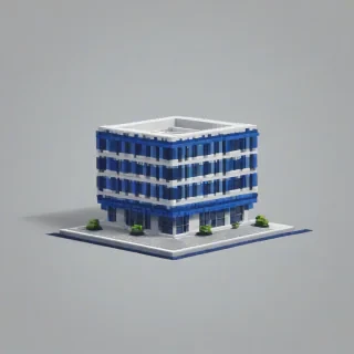 Blue pixel art building, full-body view, on a plain white background